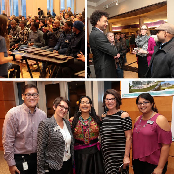 3 photos: an audience watches a performance; a group stands and converses; five people pose for the camera